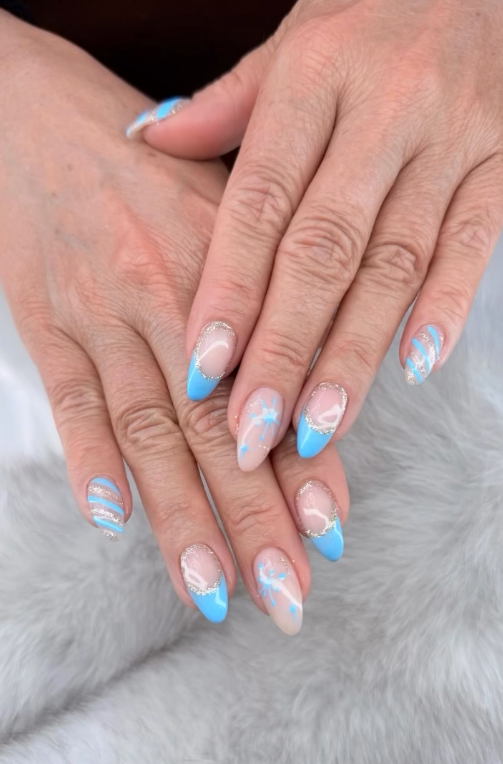 Nail art - pastel blue and silver glitter